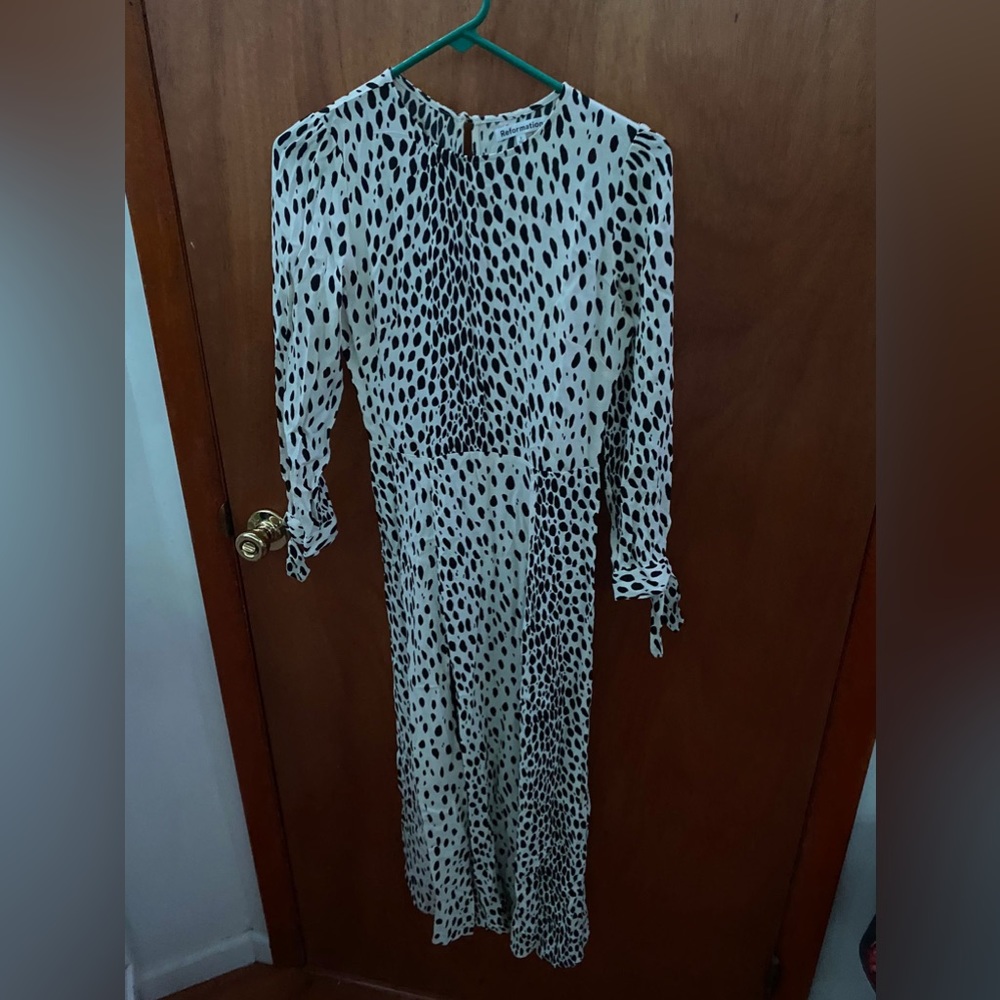 Women's Midi Dress in White with Black Spot Print
